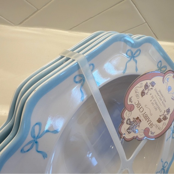 Shabby Chic Blue Coquette Bow Melamine Bowl Set of 4 Scalloped Edge VTG Style - Picture 6 of 6